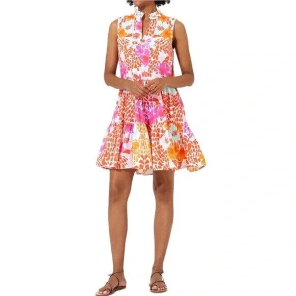 NWT Oliphant Sleeveless V-Neck Antigua Orange Yoke Floral Mini Dress Size XXS - Picture 1 of 9